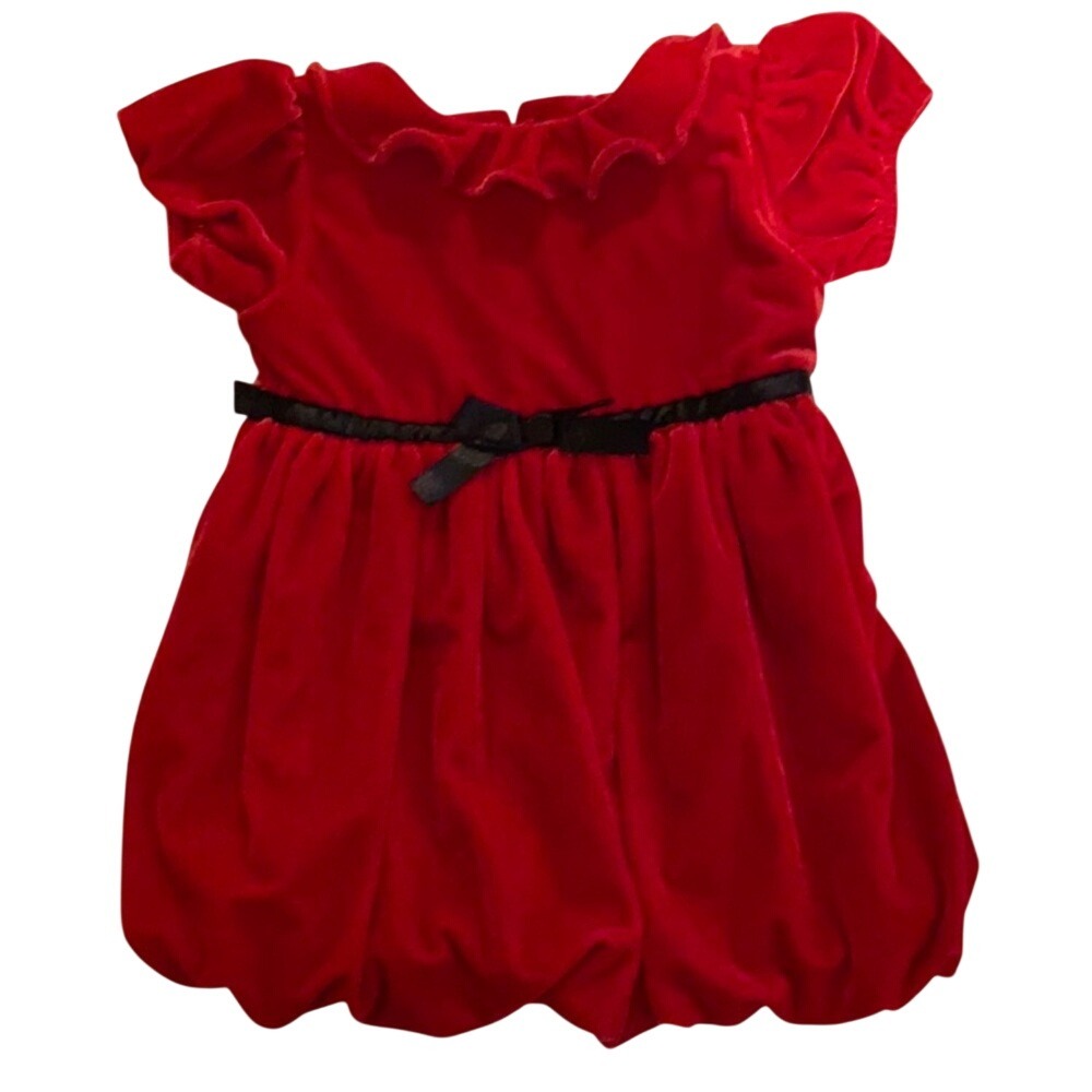 Koala Kids Red Velvet Bubble Dress Ruffle Collar Bow Accent Holiday‎ Party 24M